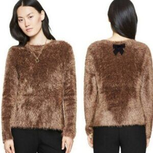 KATE SPADE Faux Fur Fuzzy Brown Sweater with Black Bow